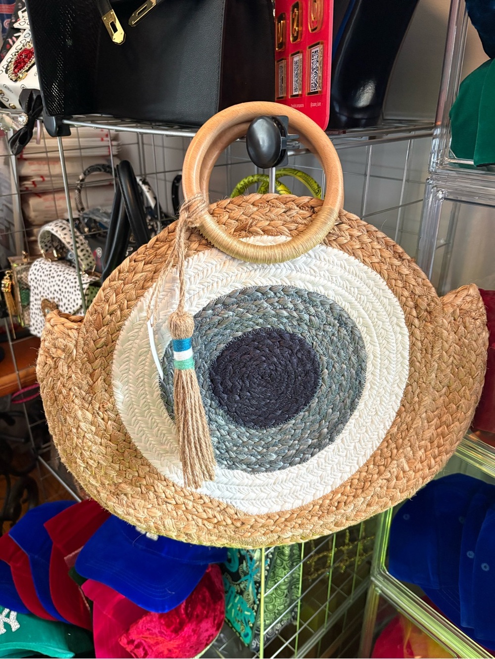 Evil eye 🧿 Round Straw Tote Bag with Wooden Handles - Natural/White/Gray